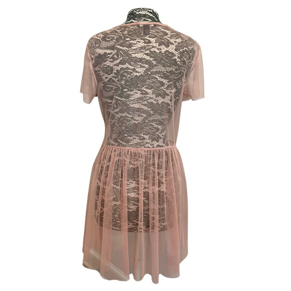 Forever 21 Sheer Mesh Dress Babydoll Layering Blush Pink Short Sleeve Pleated L - Picture 3 of 12